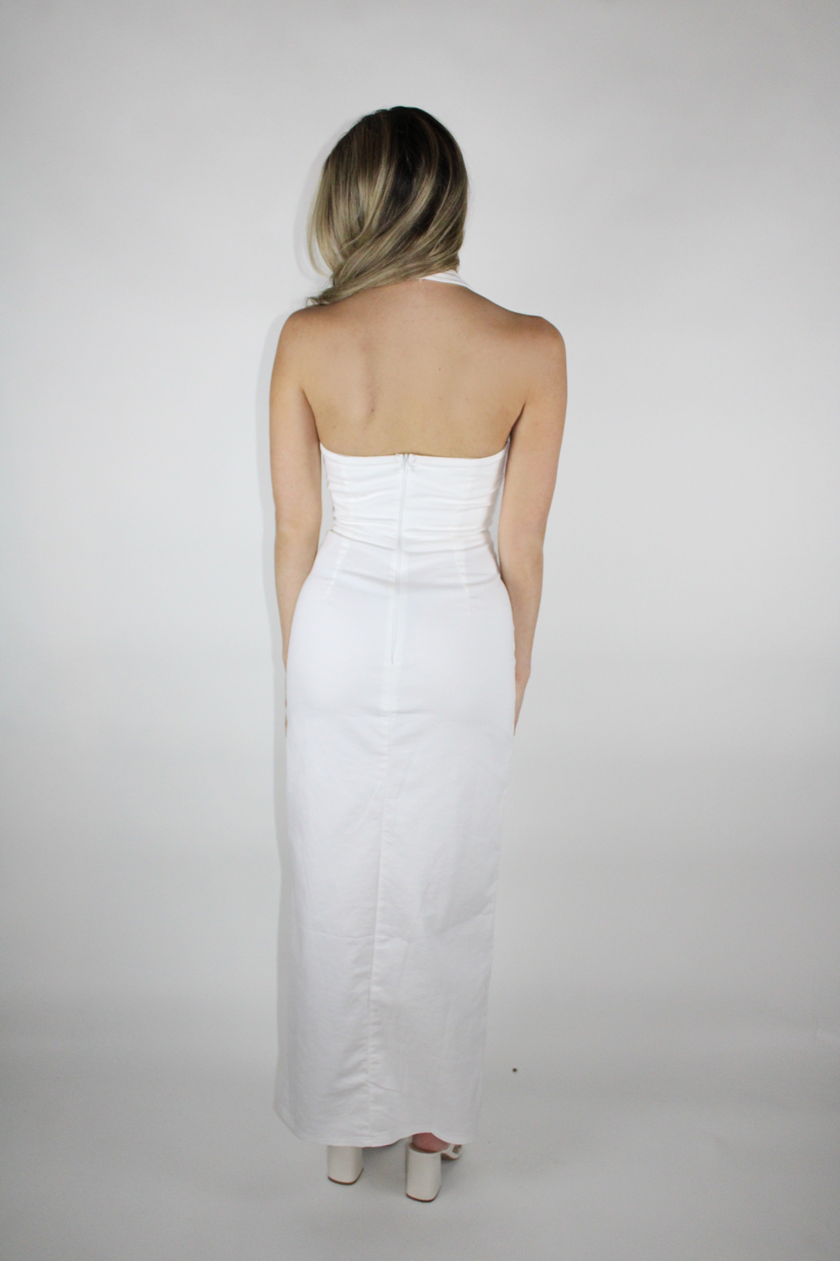 White halter maxi dress with button detailing