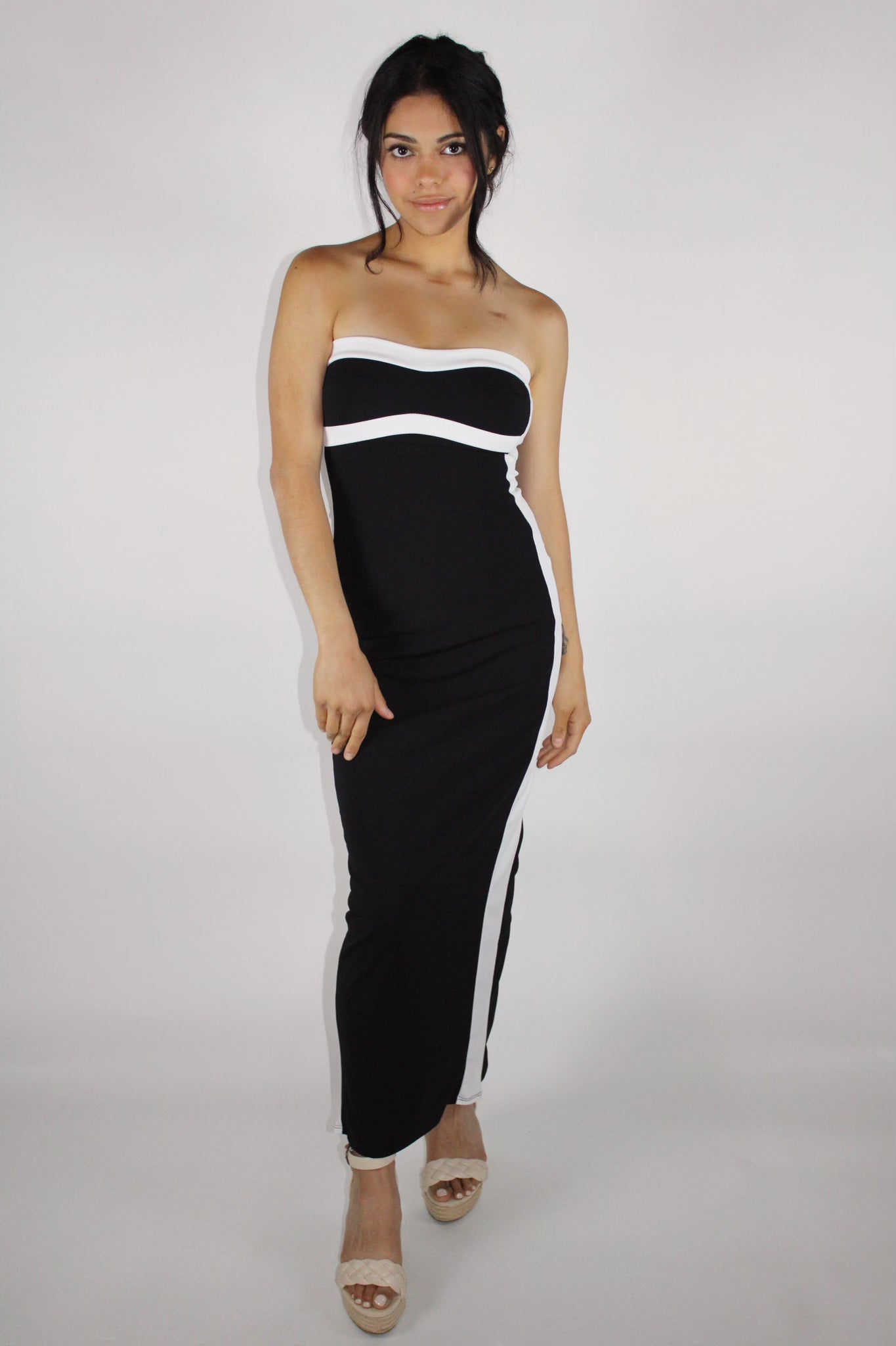 Black and white strapless maxi dress