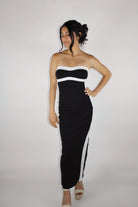 Black and white strapless maxi dress